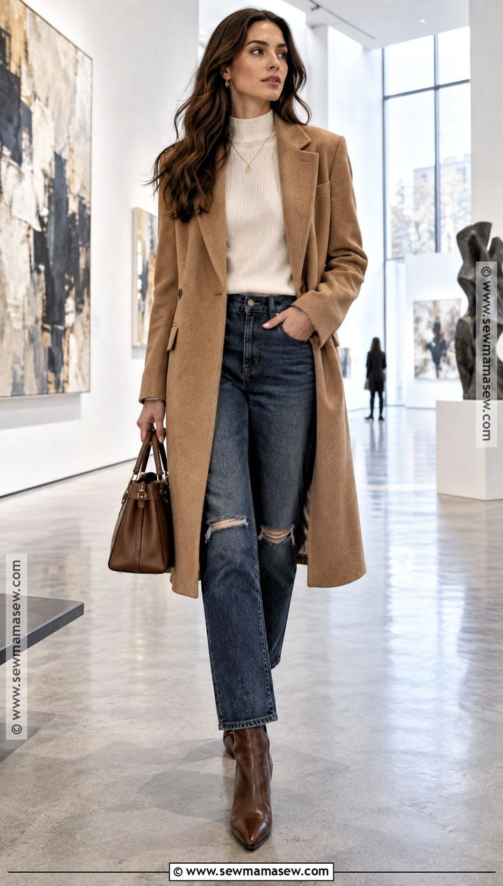 Ripped Jeans With Wool Coat And Heeled Boots - 15 Fall Outfits With Ripped Jeans