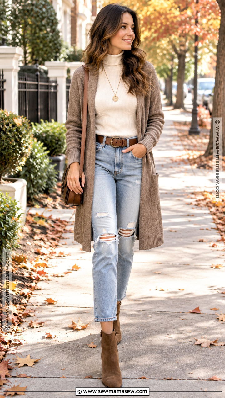 Ripped Jeans With a Long Cardigan - 25 Fall Outfits With Jeans
