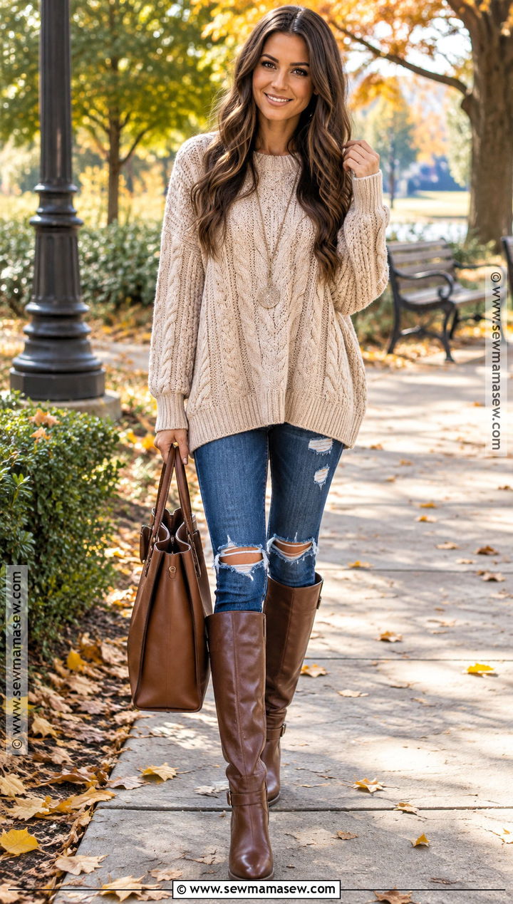 Ripped Skinny Jeans With Oversized Sweater And Tall Boots - 20 ripped jeans outfit fall