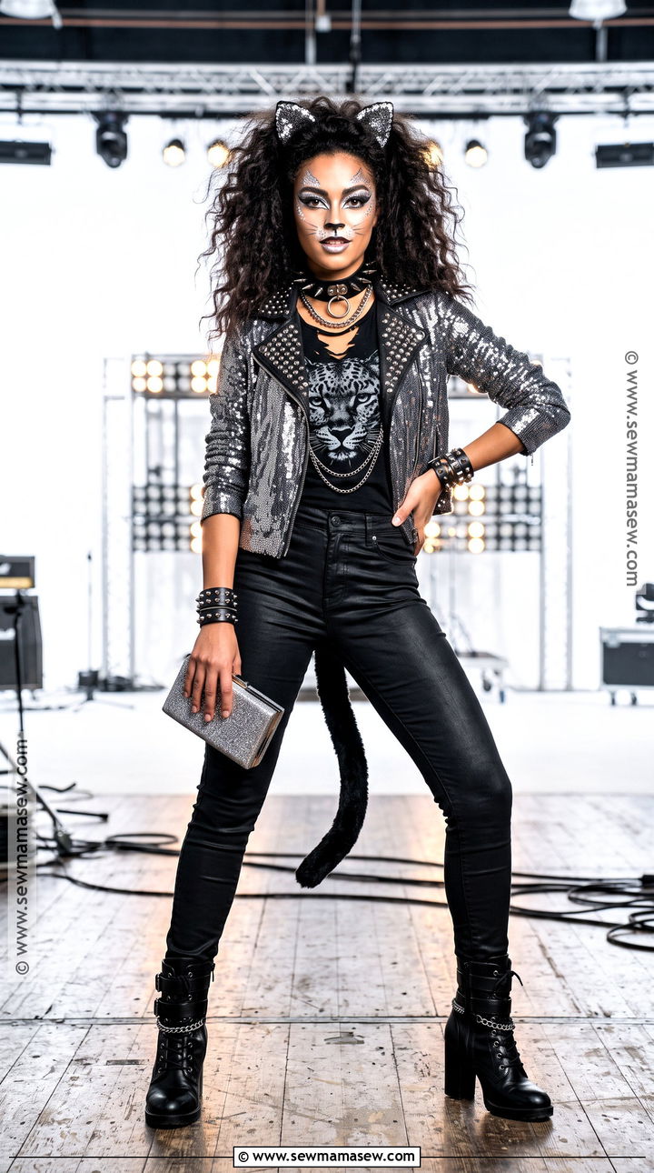 Rock Star Black Cat Costume With Metallic Jacket - 45 black cat halloween costume ideas