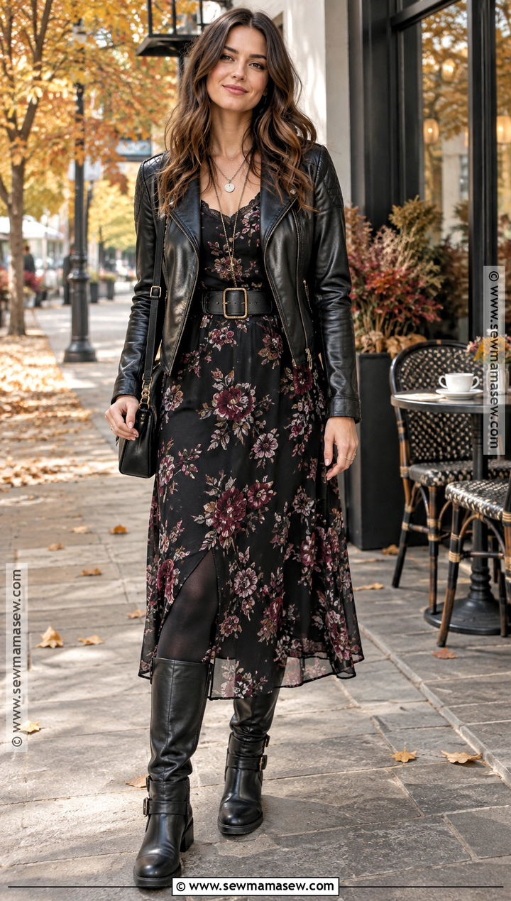 Rocker Chic Floral Dress and Leather Jacket - 15 Rocker Chic Style Fall Ideas