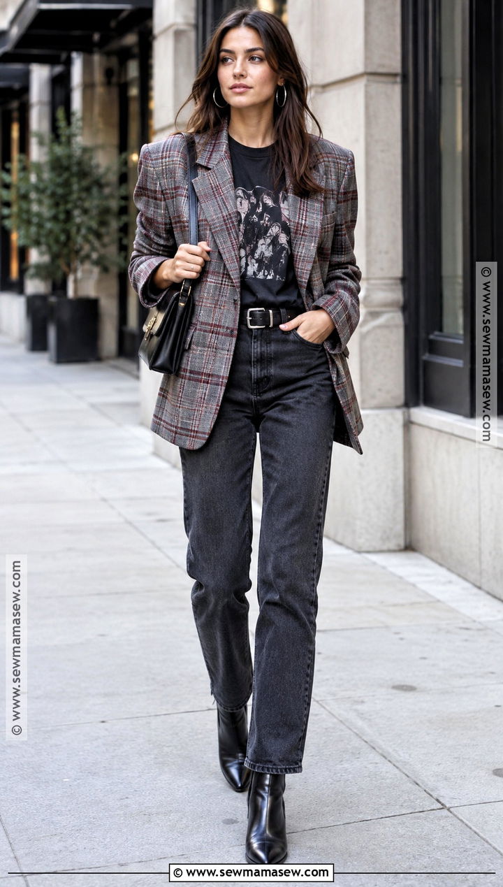 Rocker Chic Plaid Blazer and Graphic Tee - 15 Rocker Chic Style Fall Ideas