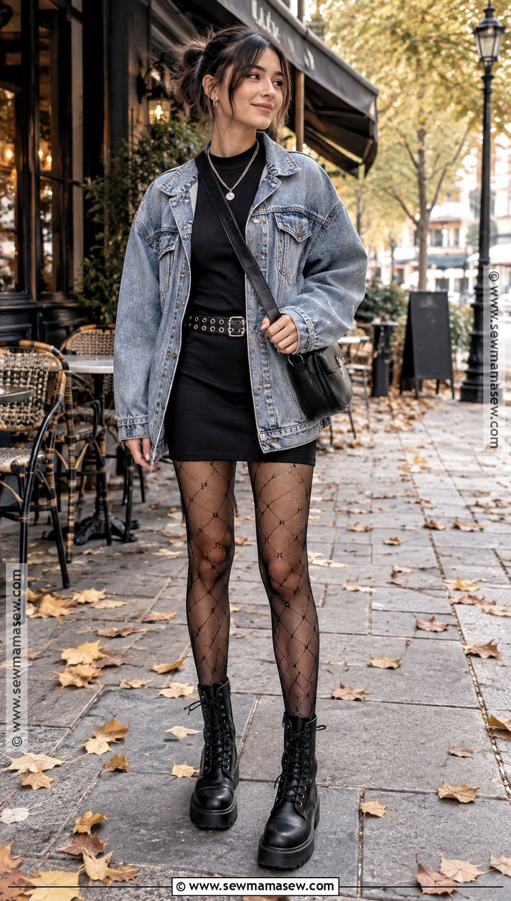 Rockstar Girlfriend Denim Jacket and Black Mini Dress Outfit - 15 Rockstar Girlfriend Fall Outfit Ideas