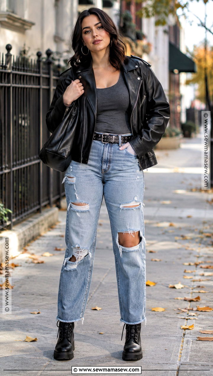 Rockstar Girlfriend Leather Jacket and Ripped Jeans Outfit - 15 Rockstar Girlfriend Fall Outfit Ideas