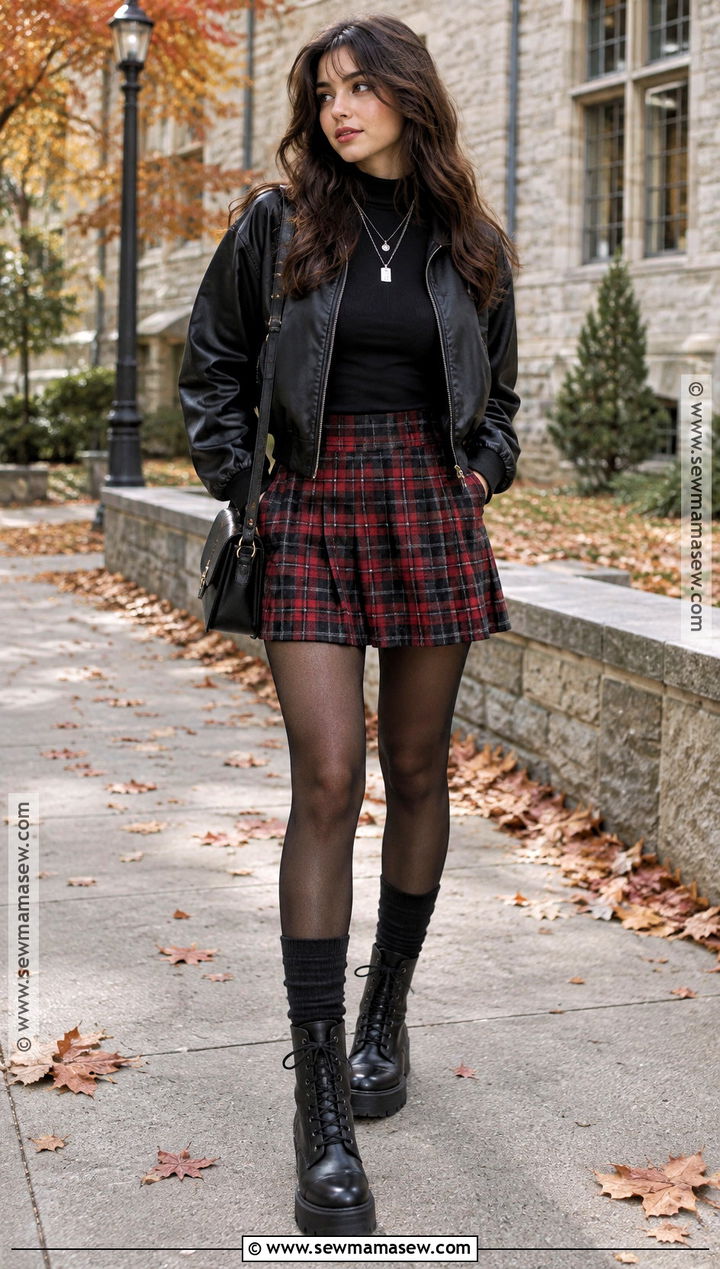 Rockstar Girlfriend Plaid Skirt and Combat Boots Outfit - 15 Rockstar Girlfriend Fall Outfit Ideas