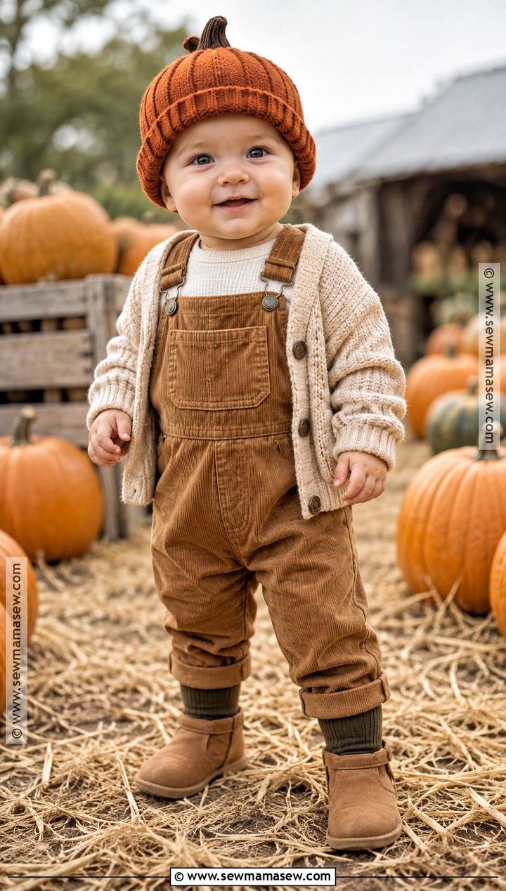 Rolled Brim Baby Pumpkin Hat With Corduroy Overalls - 20 baby pumpkin hat ideas