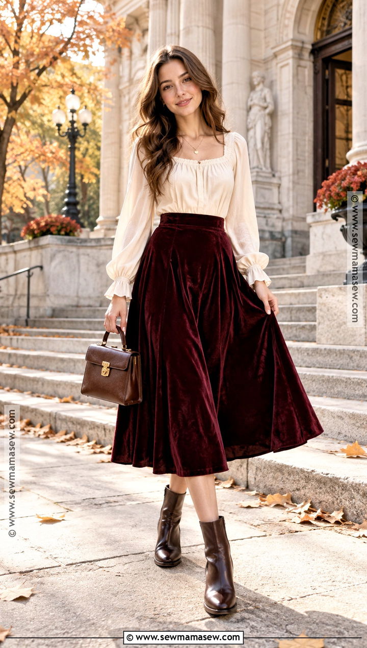 Romantic Autumn Blouse And Velvet Skirt Outfit - 30 autumn aesthetic outfit ideas
