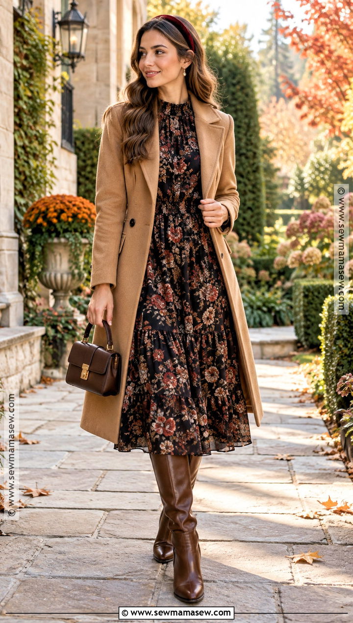 Romantic Fall Outfit With a Floral Dress - 25 fall outfit inspo aesthetic ideas