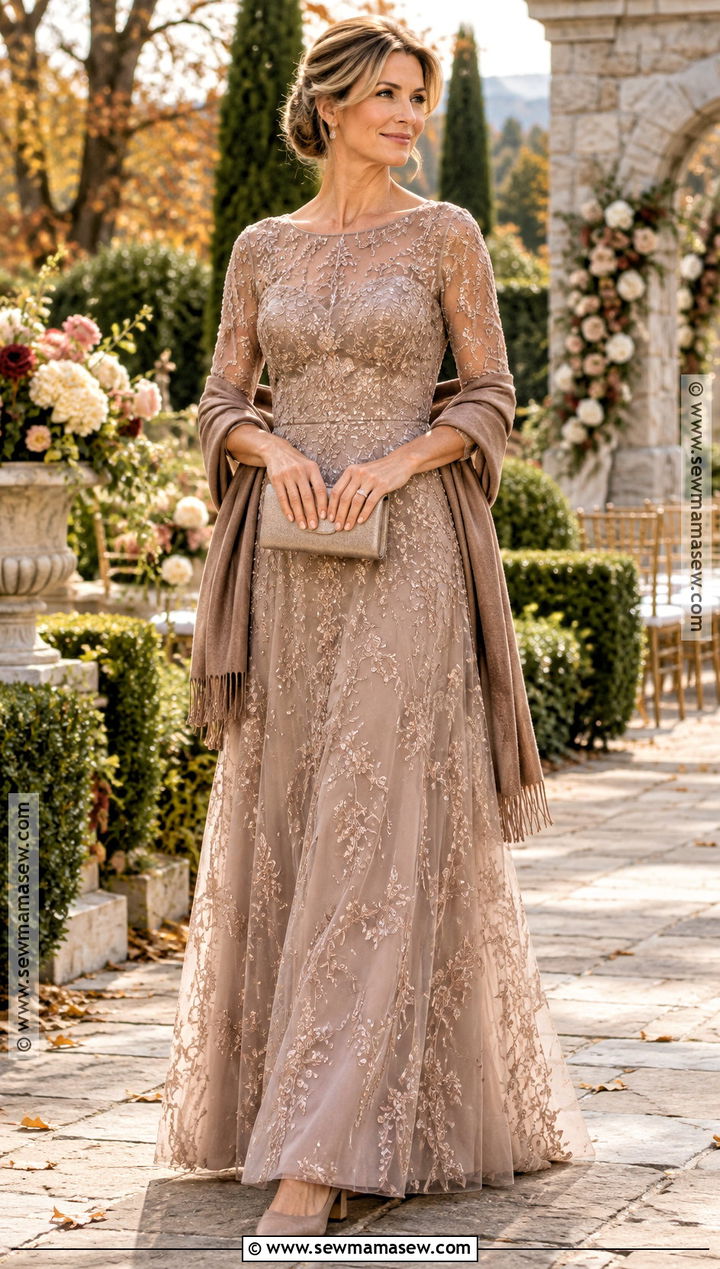Rose Gold Beaded Mother of the Groom Dress With Neutral Accessories - 20 mother of the groom dresses for fall outdoor