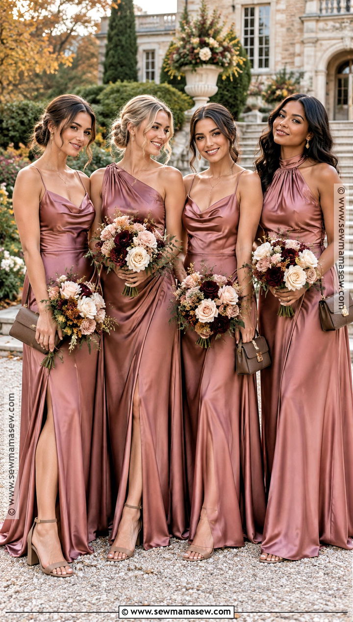 Rosewood Pink Satin Bridesmaid Dresses - 15 Fall Colour Bridesmaid Dresses