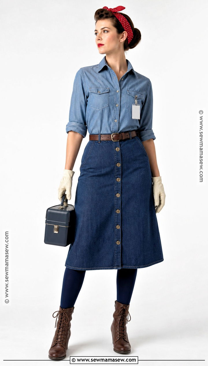Rosie The Riveter Costume With Denim Midi Skirt - 35 rosie the riveter costume ideas