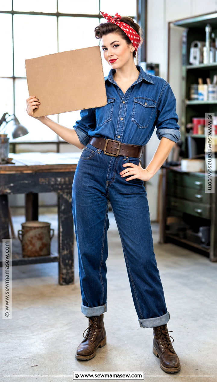 Rosie The Riveter Costume With Denim Shirt - 30 college costume ideas