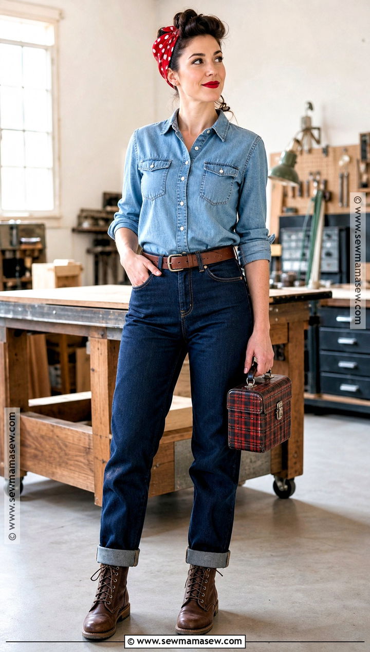 Rosie The Riveter Costume With Denim Shirt - 35 halloween costumes single