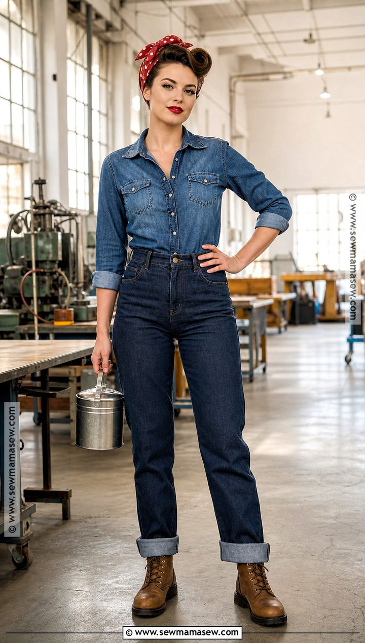Rosie The Riveter Costume With Denim Shirt - 45 women halloween costume ideas