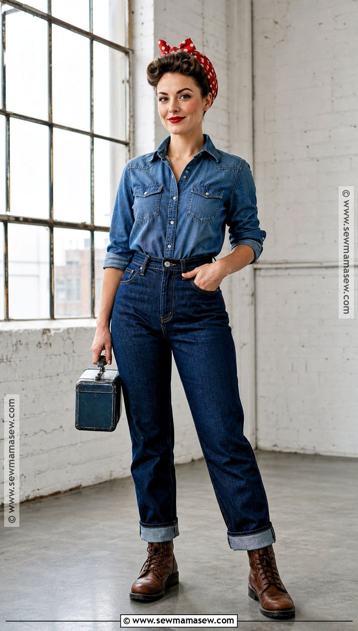 Rosie The Riveter Costume With Denim Shirt - 50 costume ideas for women