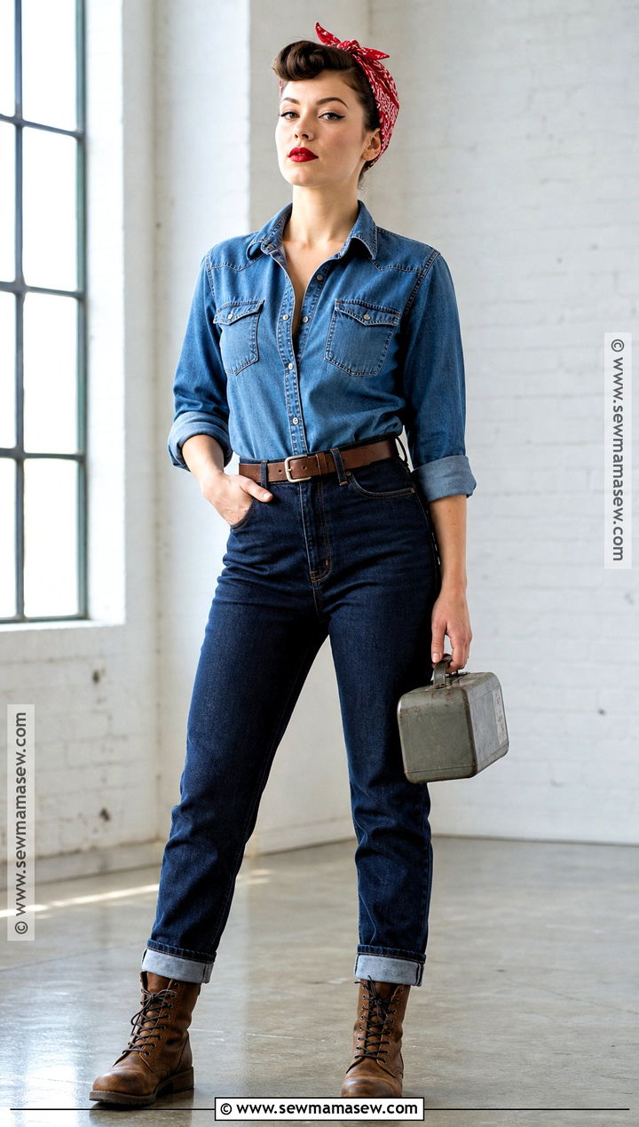Rosie The Riveter Costume With Denim Shirt - 50 easy halloween costumes for women