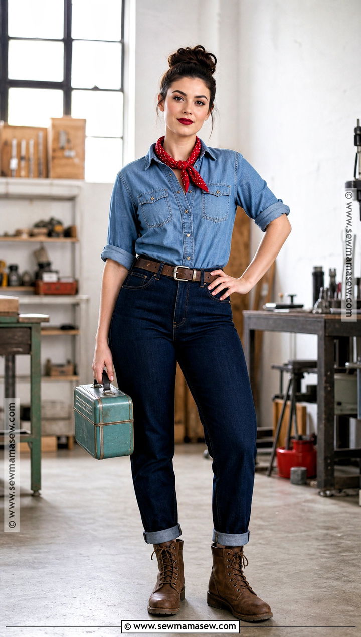 Rosie The Riveter Costume With Denim Shirt - 50 halloween costumes for women