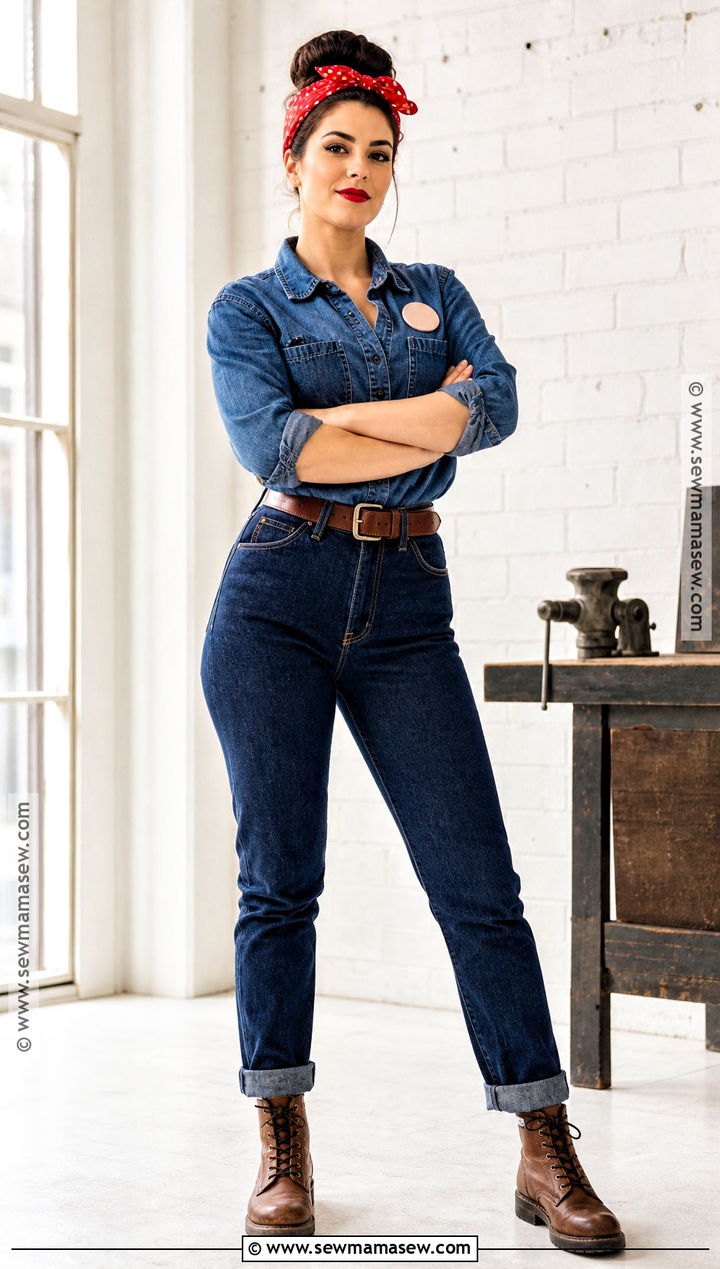Rosie The Riveter Costume With Denim Shirt - 50 simple halloween costumes