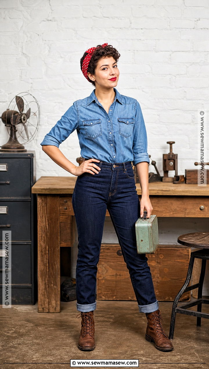 Rosie The Riveter Costume With Denim - 30 short hair costume ideas halloween