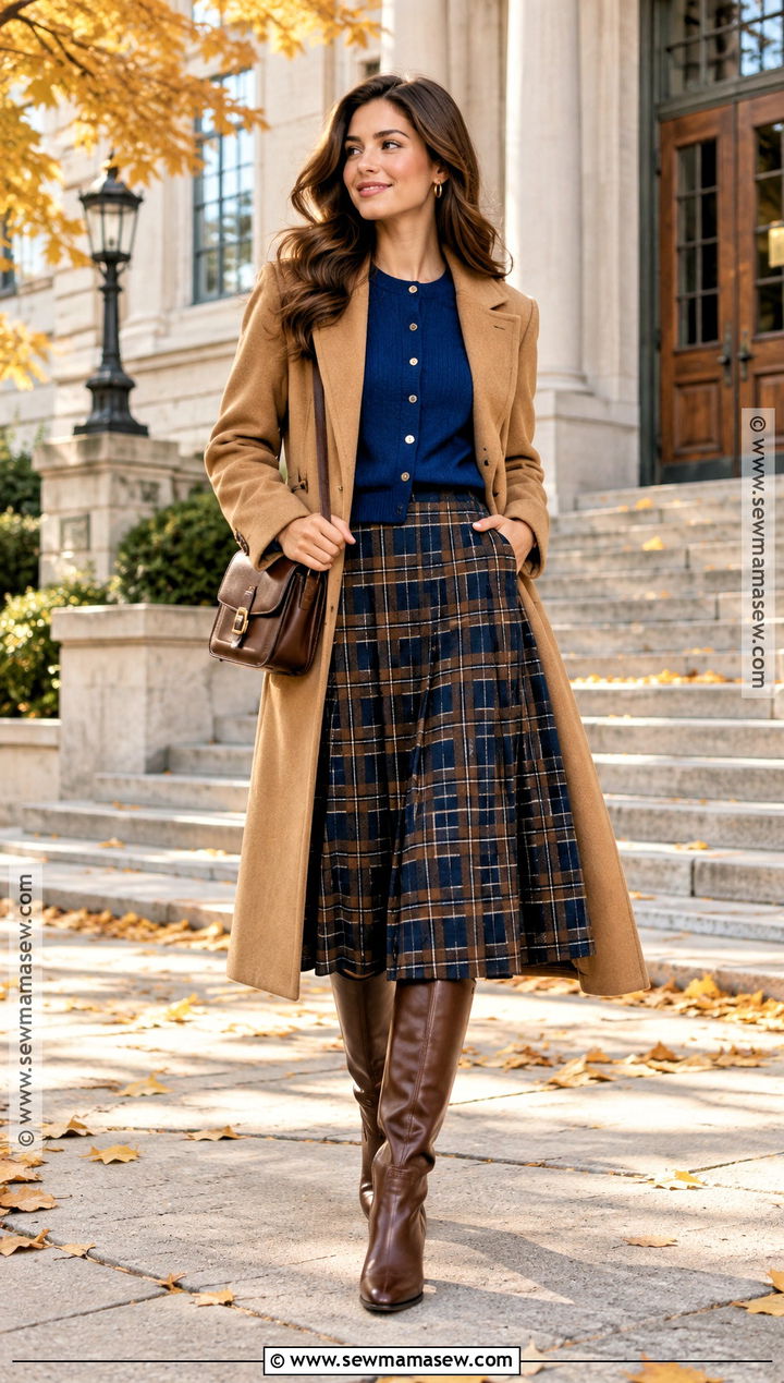 Royal Blue Cardigan and Plaid Skirt Outfit - 15 Autumn Blue Outfit Ideas