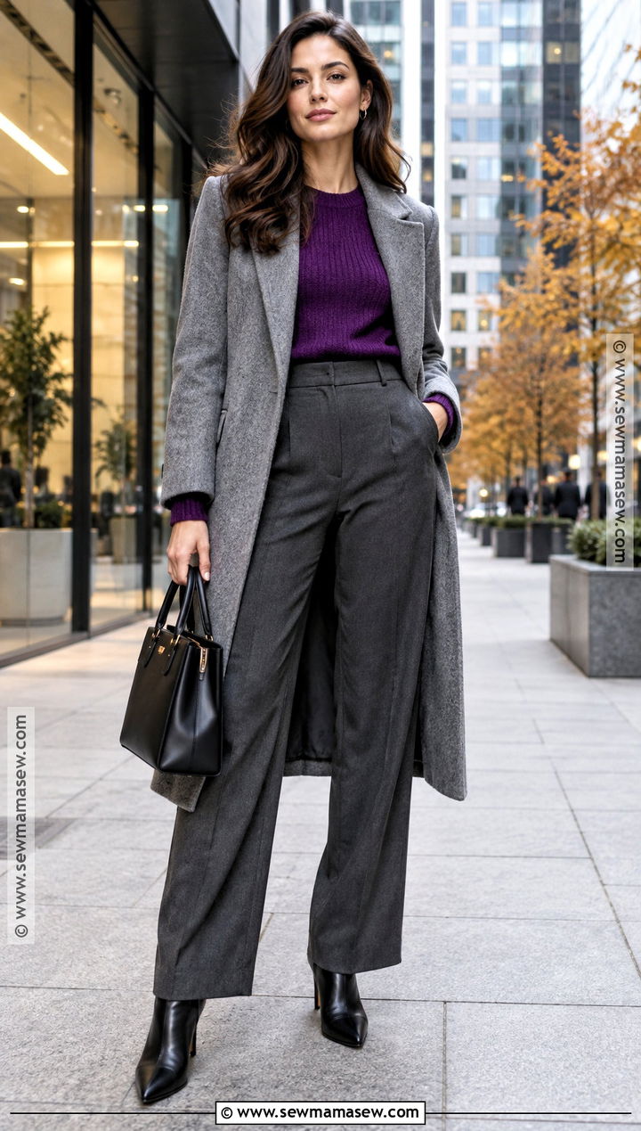 Royal Purple And Charcoal Trouser Outfit - 15 Autumn Fashion Color Inspiration Ideas