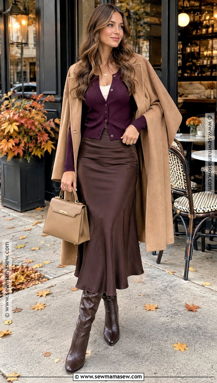 Royal Purple Cardigan And Brown Skirt Outfit - 15 autumn winter fashion colors ideas