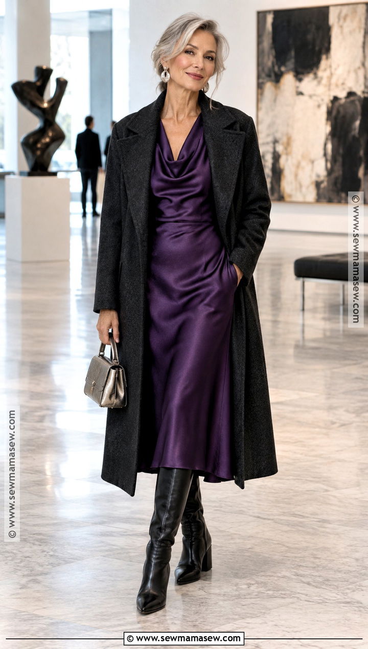 Royal Purple Dress and Long Wool Coat - 15 Vogue Fall Fashion Ideas