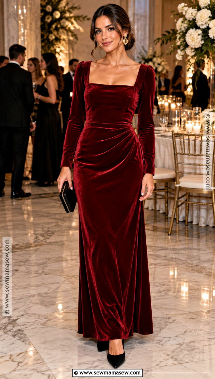 Ruby Red Velvet Maxi Wedding Guest Dress With Black Heels - 15 best wedding guest dresses fall