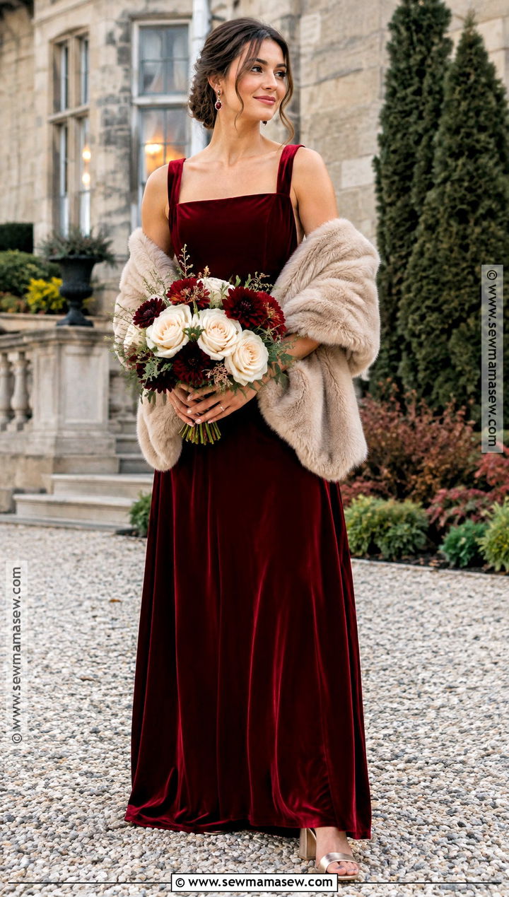 Ruby Velvet Bridesmaid Dress With Bronze Heels - 15 fall bridesmaid dresses mismatched jewel tones