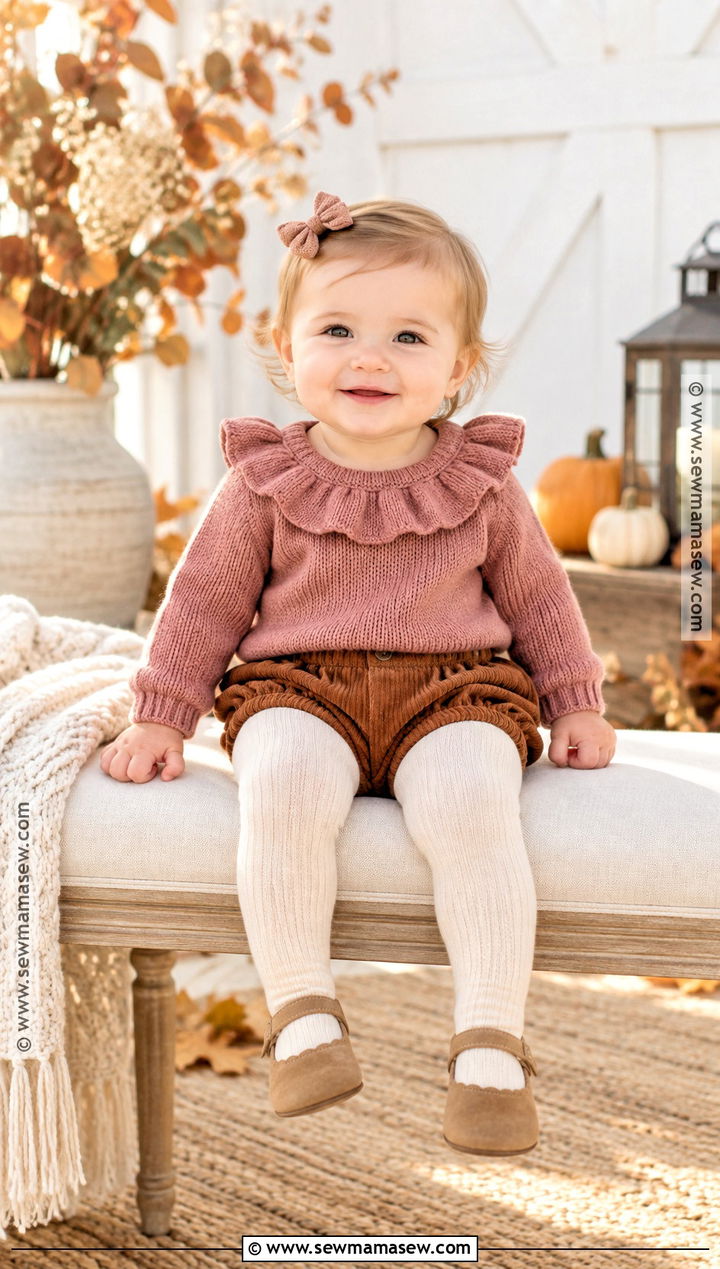Ruffle Baby Sweater With Corduroy Bloomers - 15 Cute Baby Sweater Fall Ideas