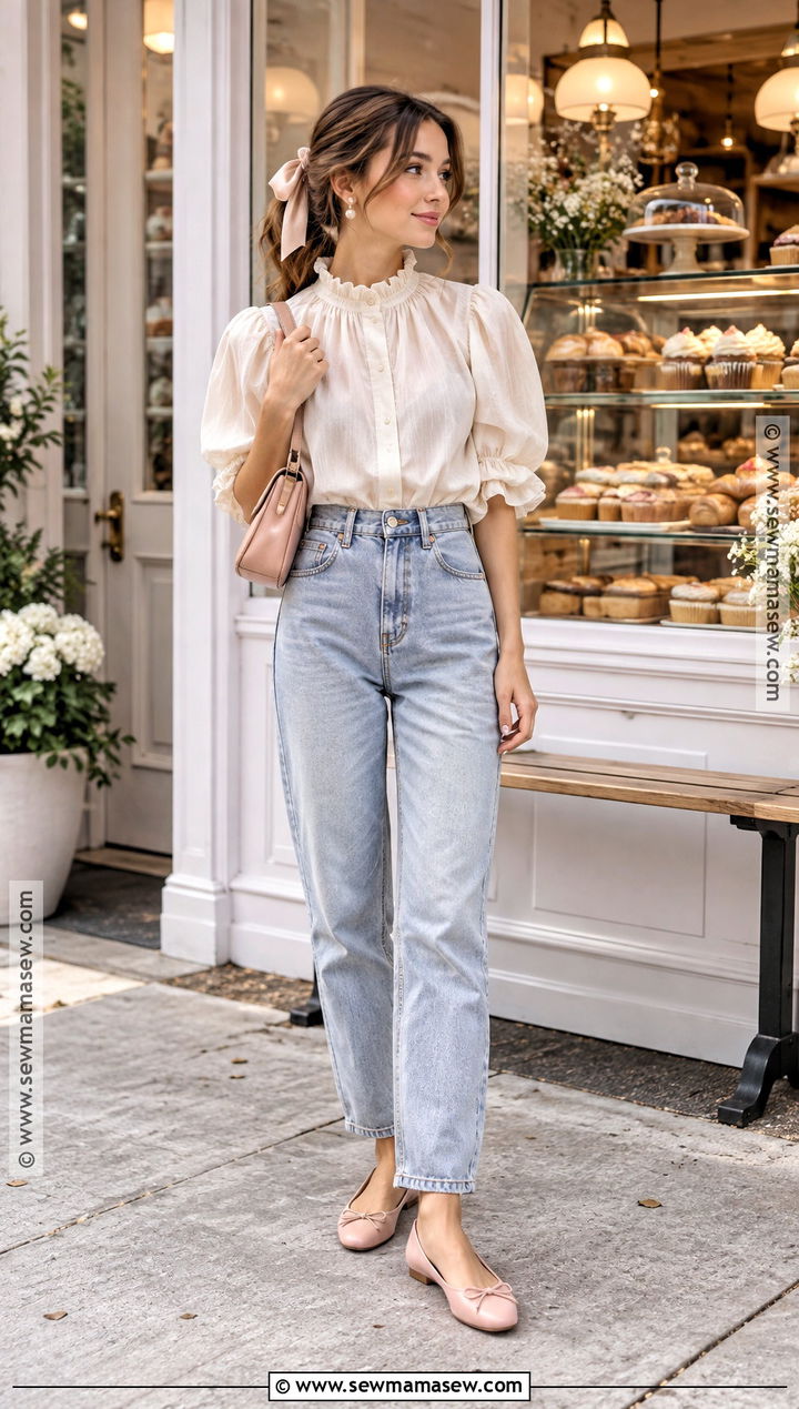 Ruffle Blouse And Mom Jeans Soft Girl Fall Outfit - 20 Soft Girl Fall Outfits