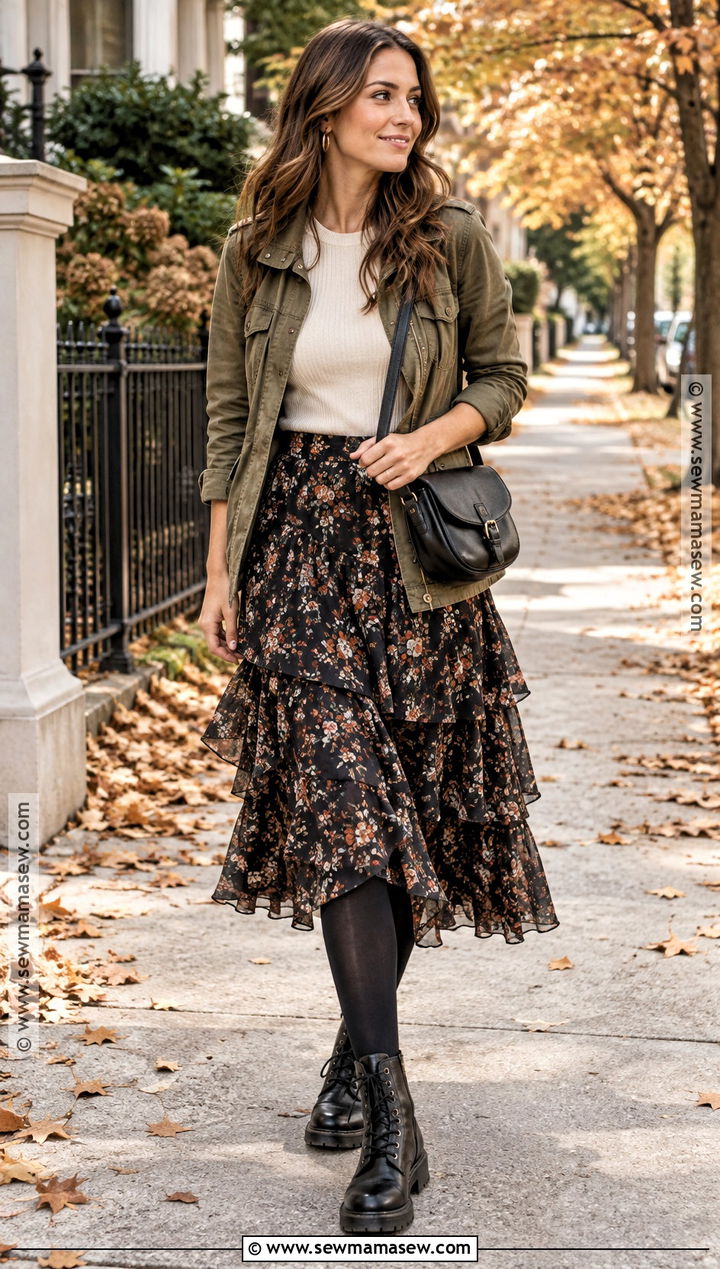 Ruffle Midi Skirt With Utility Jacket And Combat Boots - 15 boho skirt outfit fall ideas