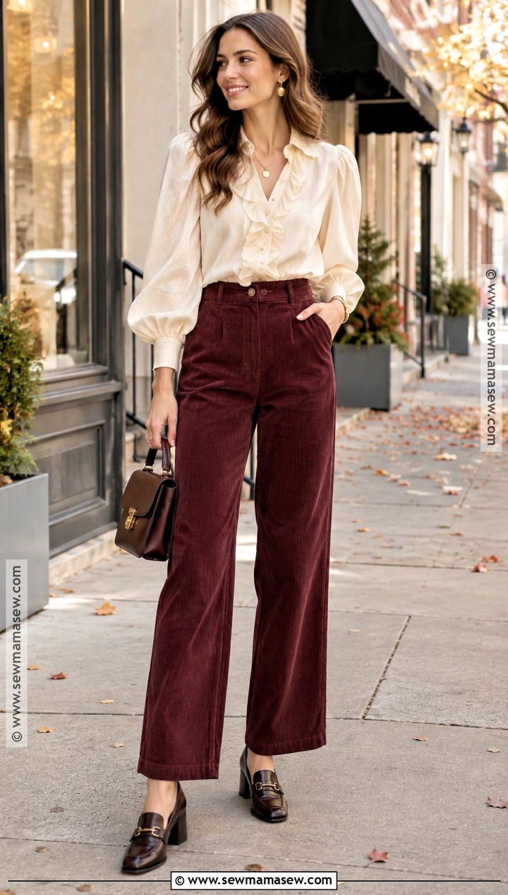 Ruffled Blouse And Corduroy Pants Fall Outfit - 15 Cute Girly Fall Outfit Ideas