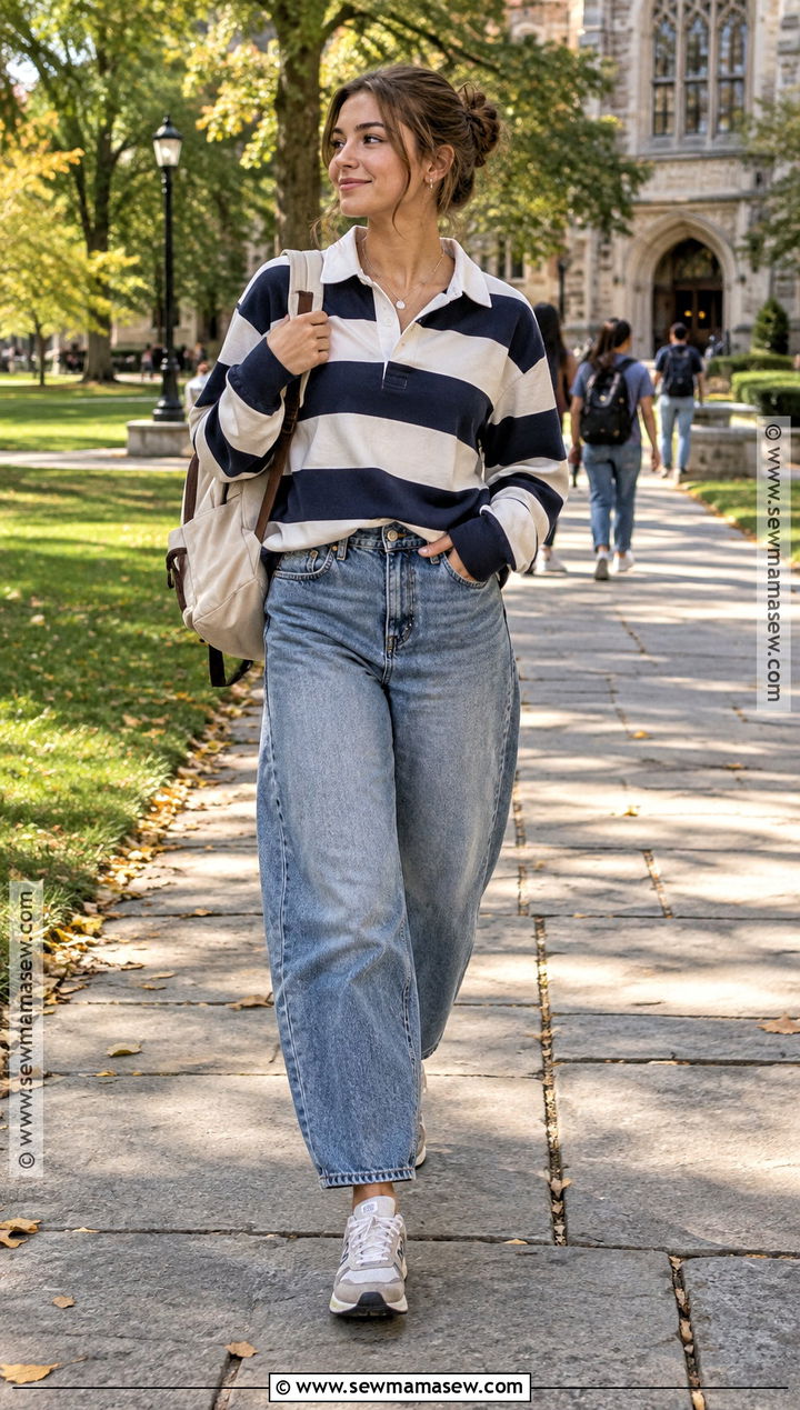 Rugby Shirt And Barrel Jeans College Outfit - 20 back to school fits college