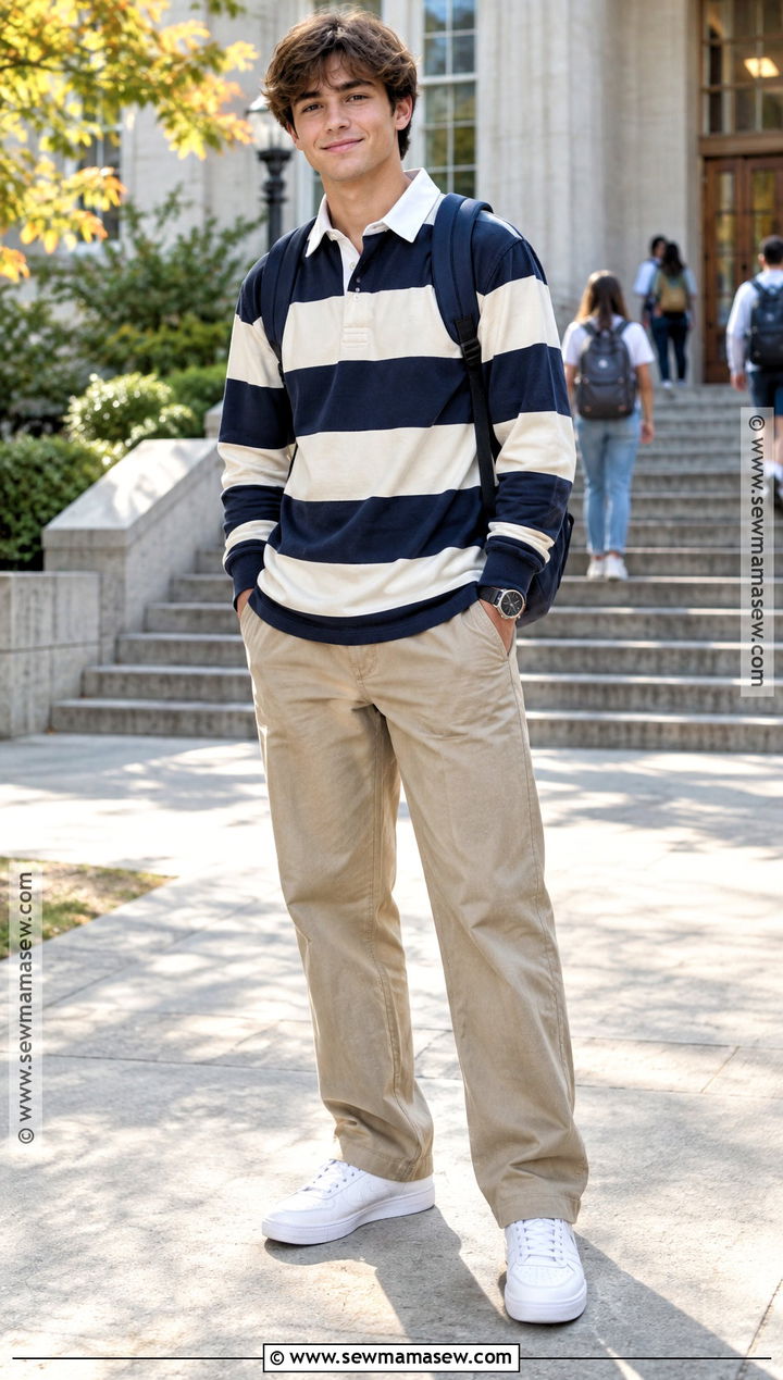 Rugby Shirt And Khaki Pants Outfit For High School Boys - 20 Back To School Outfits Boys High School