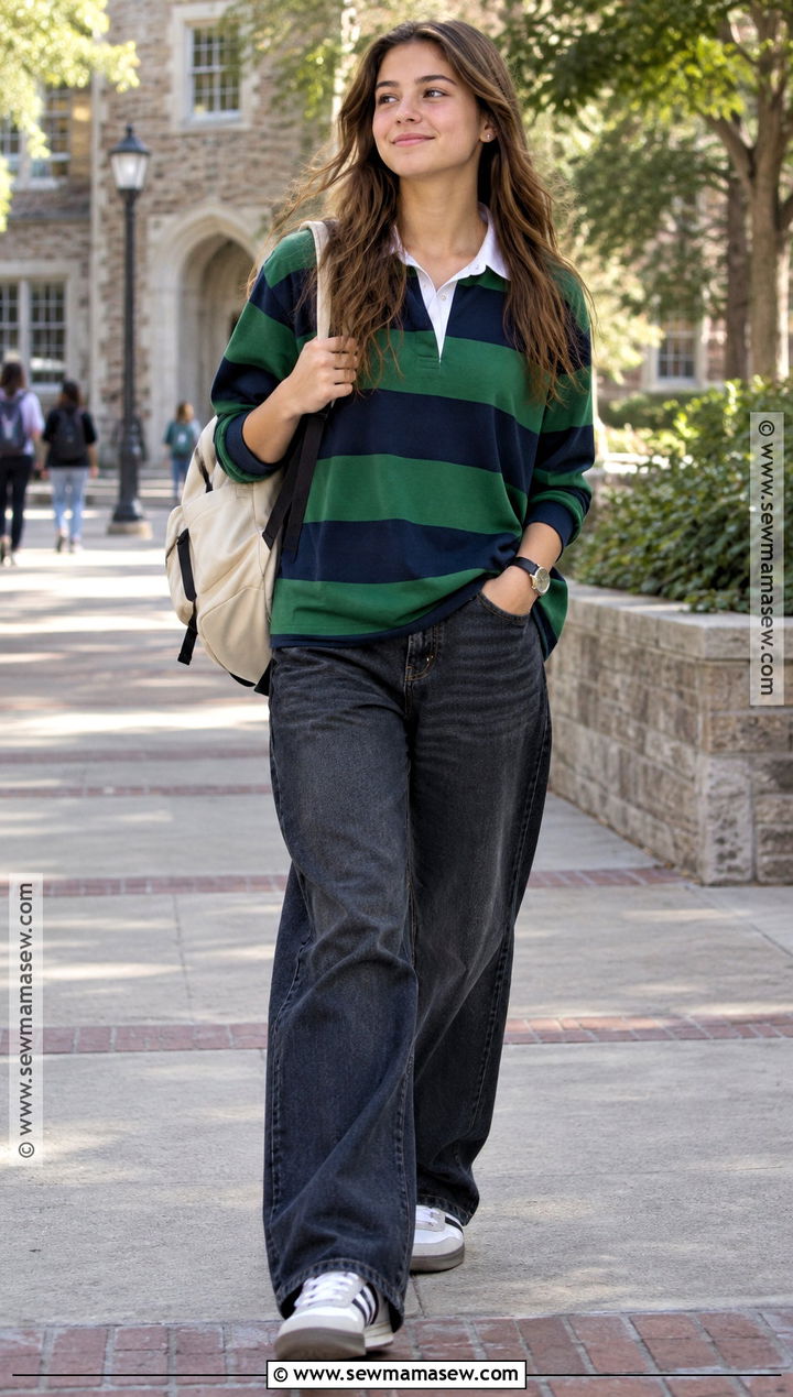 Rugby Shirt And Loose Fit Jeans School Outfit - 20 Back To School Outfits Fly for Girls
