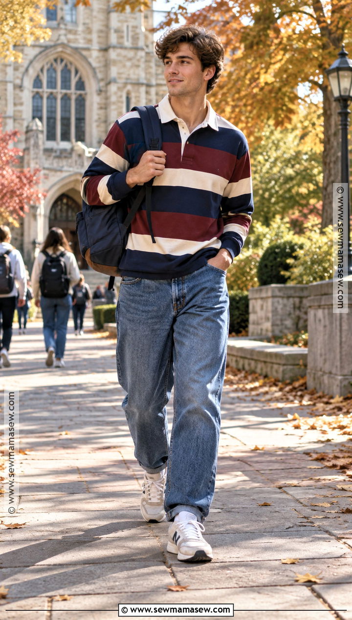 Rugby Shirt And Loose Jeans Fall Outfit - 20 men casual fall outfits