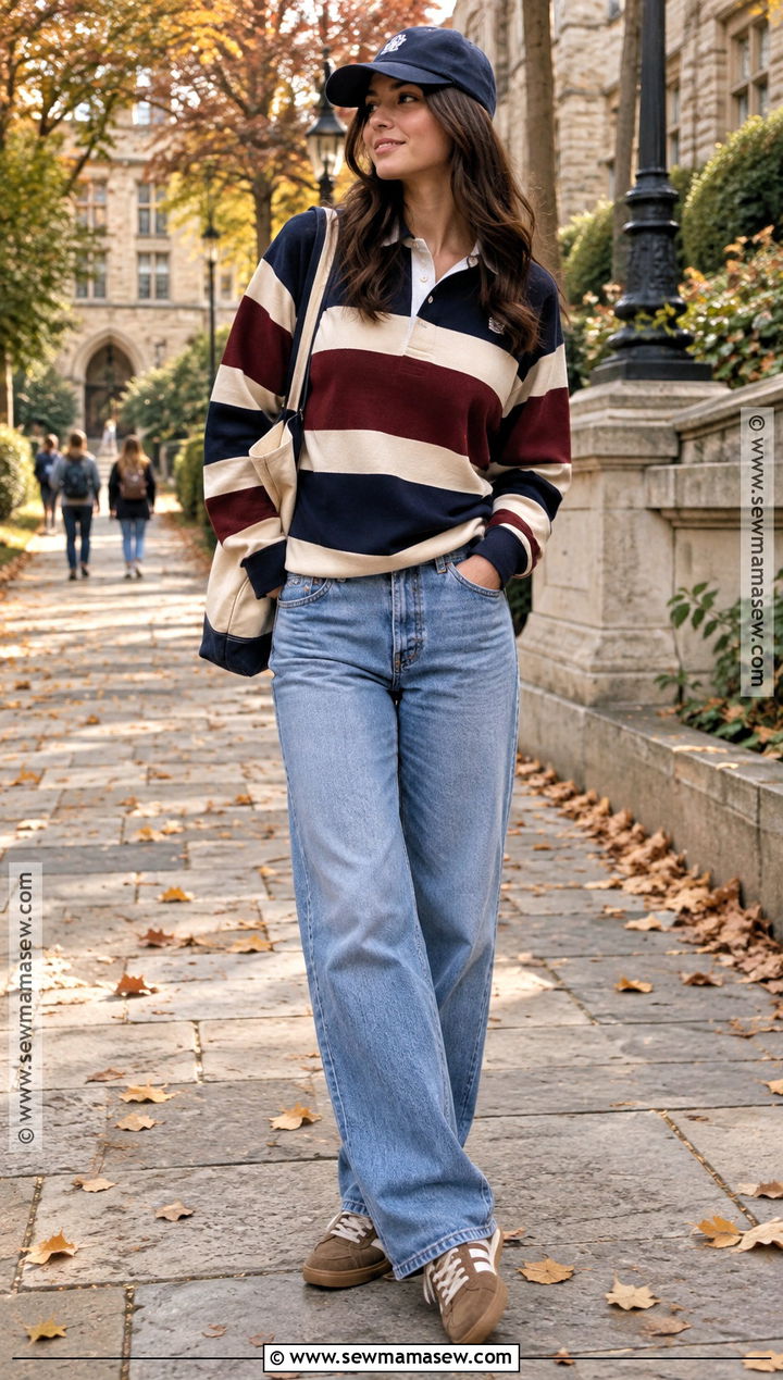 Rugby Shirt And Loose Jeans Fall Outfit - 25 fall chill outfits