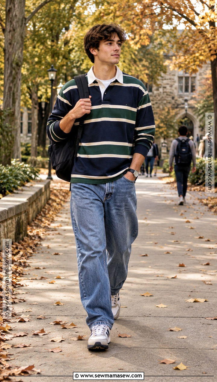 Rugby Shirt And Loose Jeans Fall School Outfit - 25 fall outfit inspo for school ideas