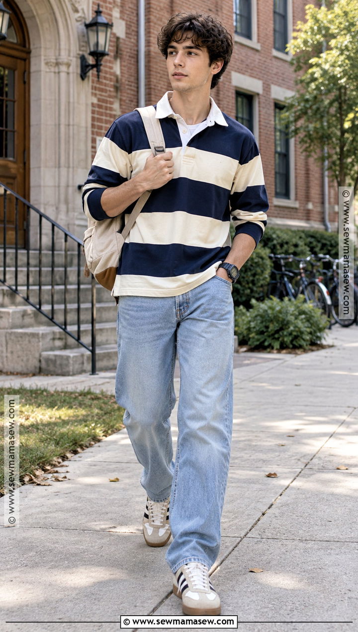 Rugby Shirt And Loose Jeans Outfit - 20 comfy back to school outfits
