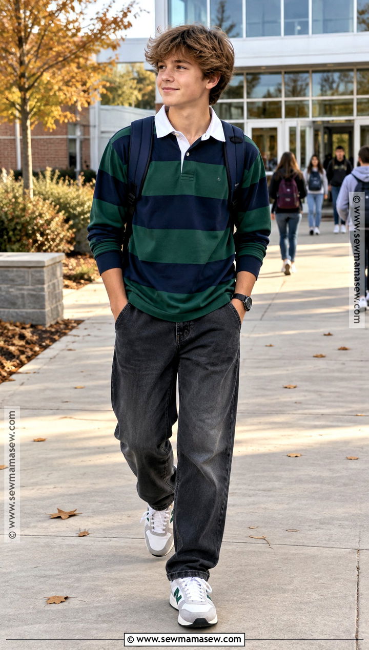 Rugby Shirt And Loose Jeans Outfit - 20 cute back to school outfits for 8th