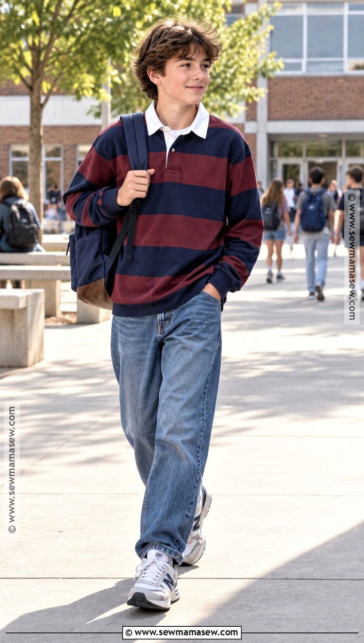 Rugby Shirt And Loose Jeans Outfit - 20 Back To School 7Th Grade Outfits