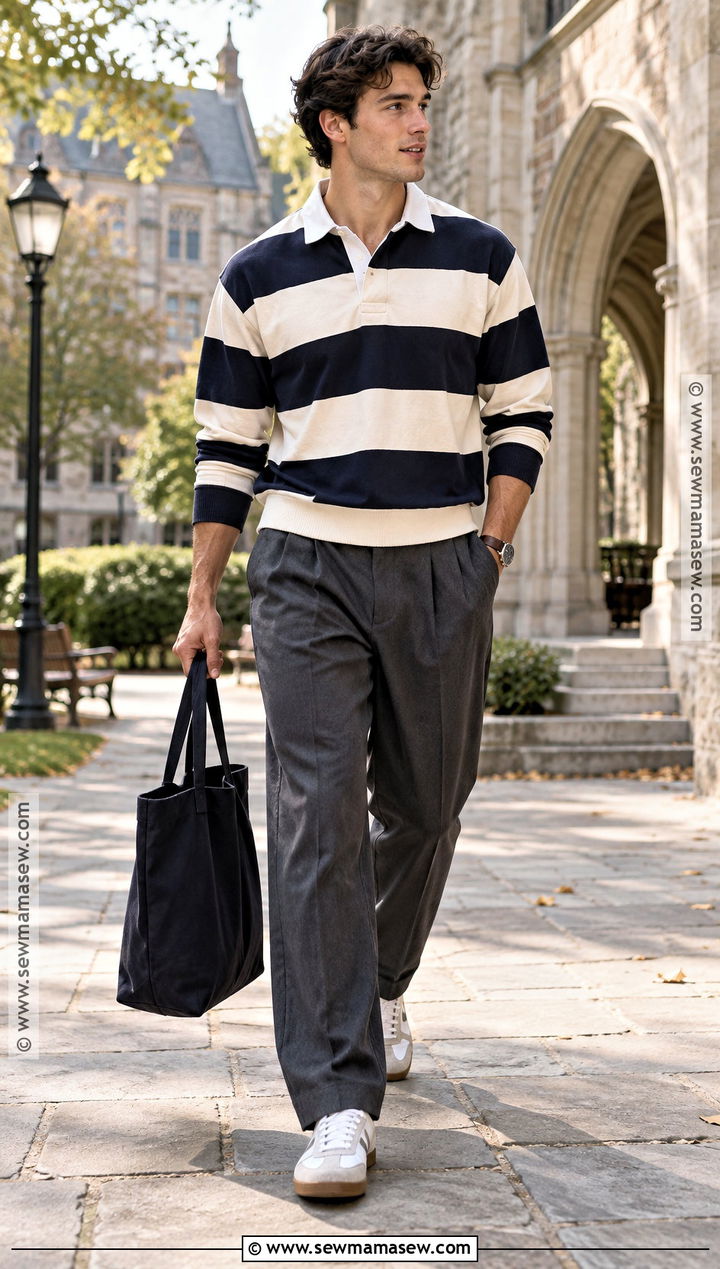 Rugby Shirt And Pleated Pants Fall Outfit - 20 fall outfit ideas for men