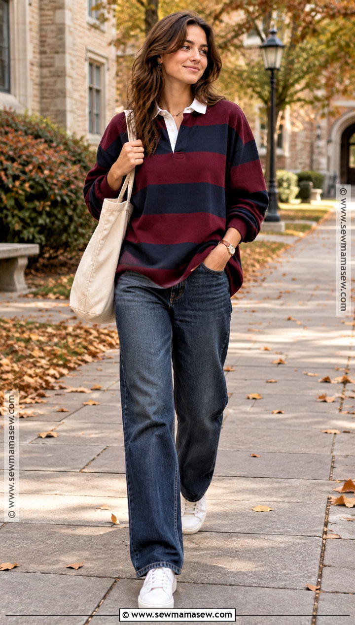 Rugby Shirt And Relaxed Jeans Autumn Outfit - 20 autumn outfits sporty