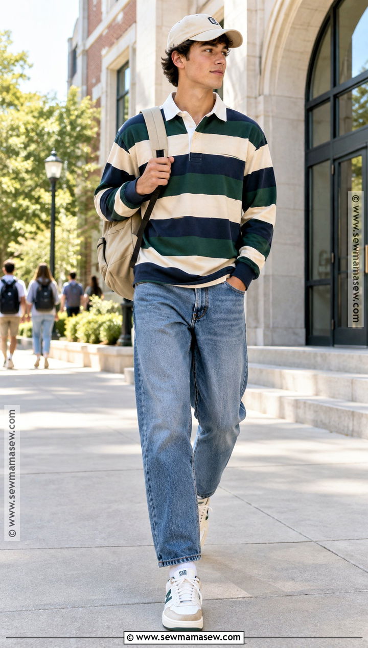 Rugby Shirt And Relaxed Jeans Back To School Outfit - 15 back to school men outfits