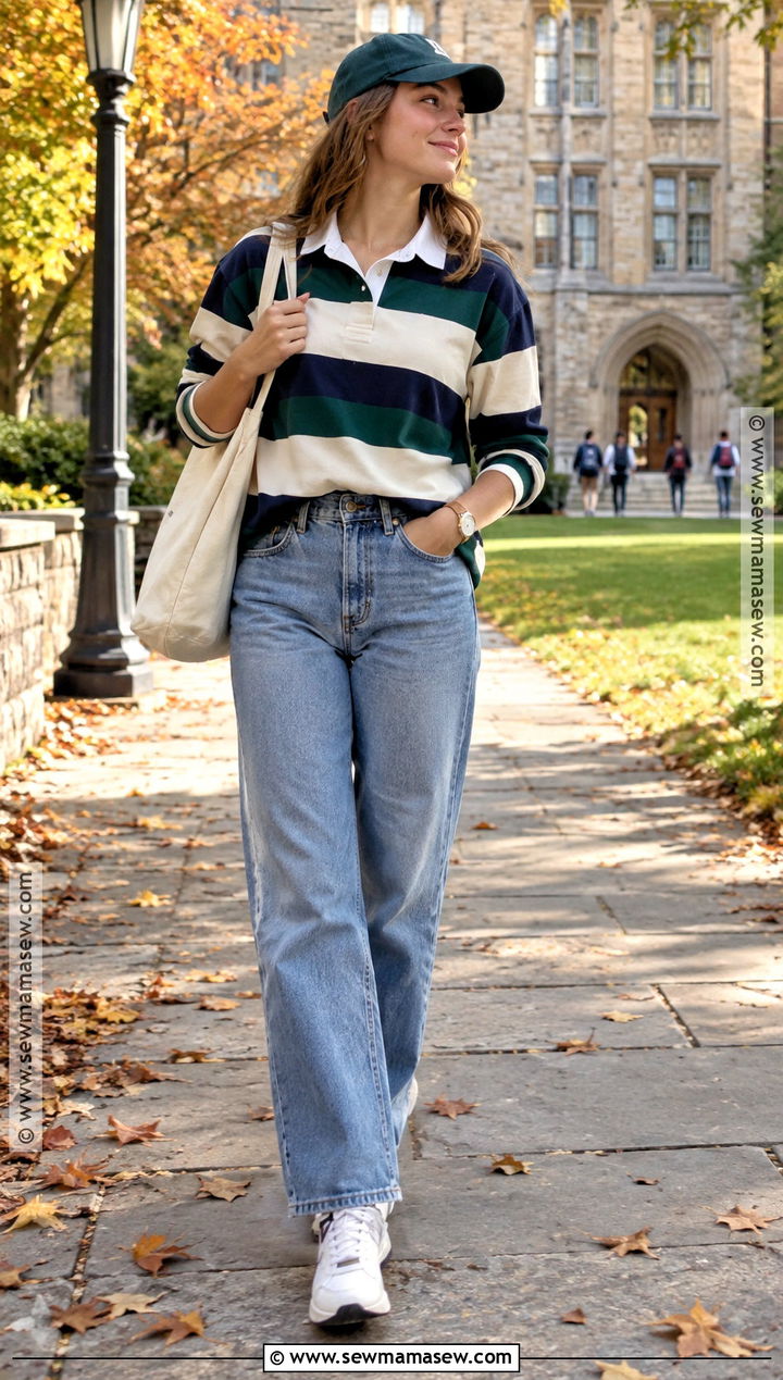 Rugby Shirt And Relaxed Jeans Fall Outfit - 15 girl next door fall outfits