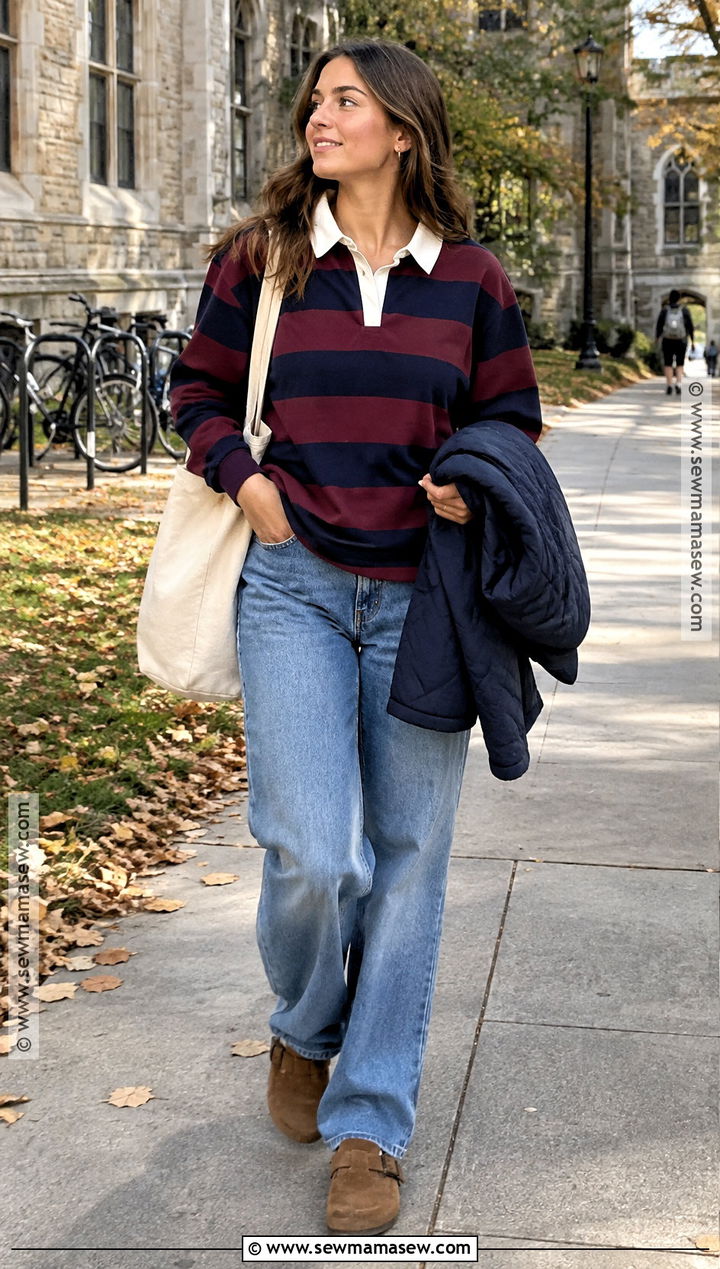 Rugby Shirt And Relaxed Jeans Fall Outfit - 30 casual fall outfits for women