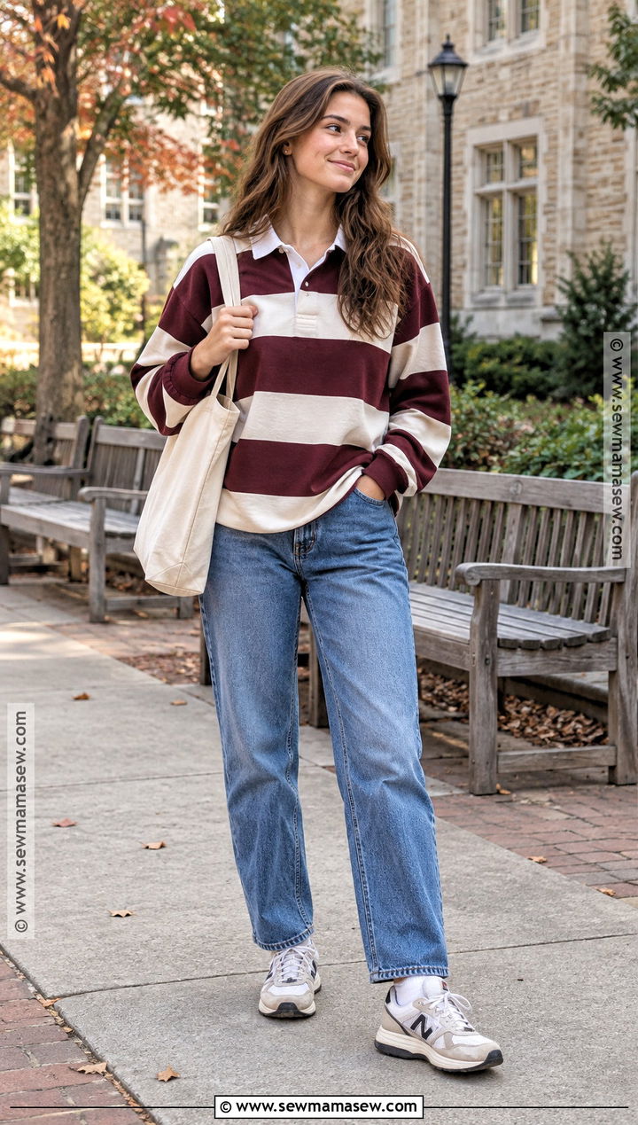 Rugby Shirt And Relaxed Jeans Fall School Outfit - 30 fall outfits for school