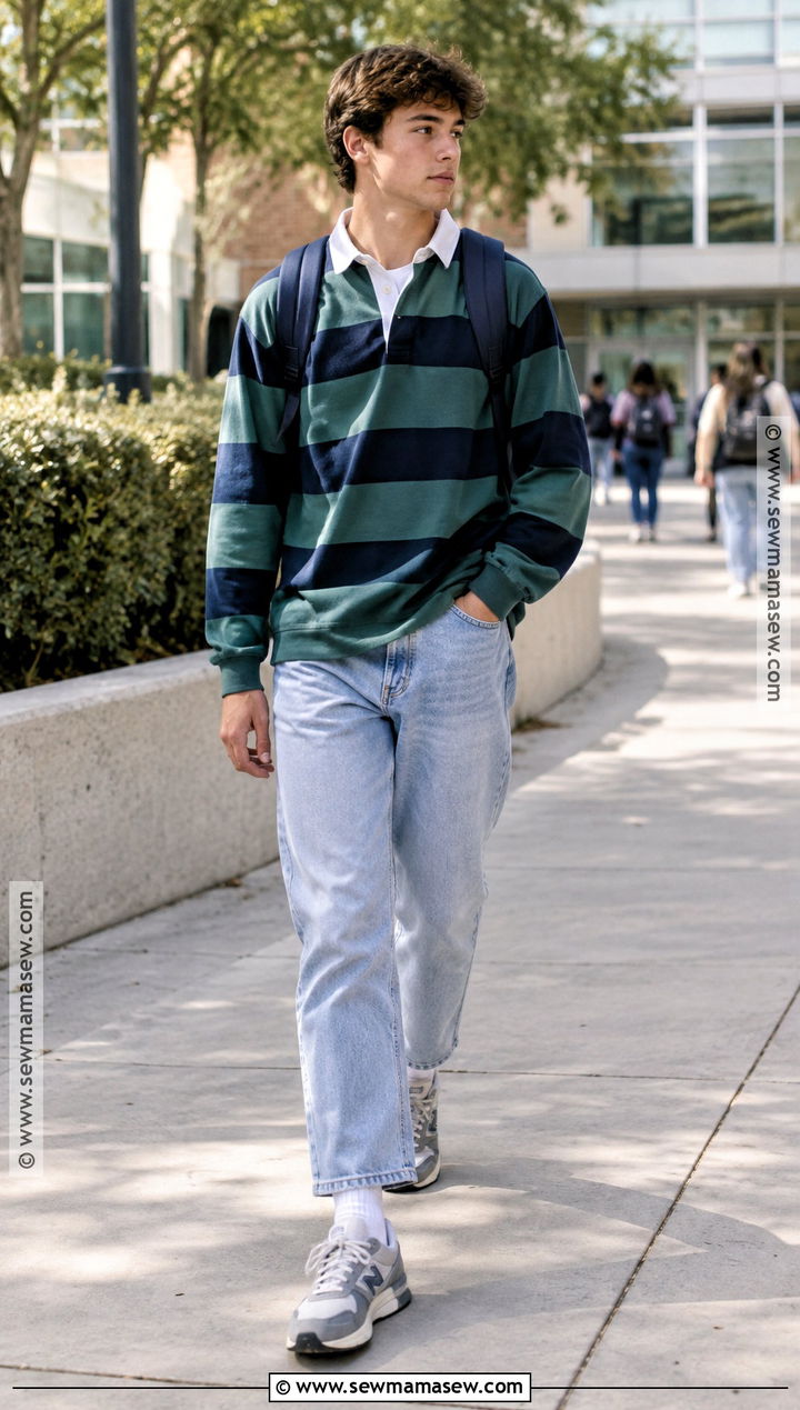 Rugby Shirt And Relaxed Jeans Outfit - 20 back to school outfits dress code