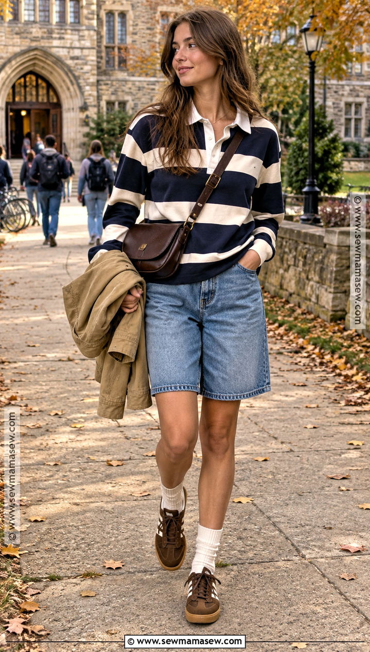 Rugby Shirt And Relaxed Jorts Outfit - 20 Jorts Outfit Fall Ideas